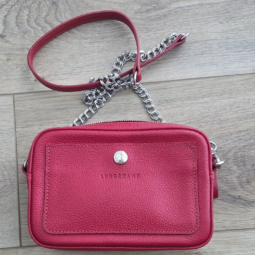 Longchamp Red Crossbody Bag with Striped Strap